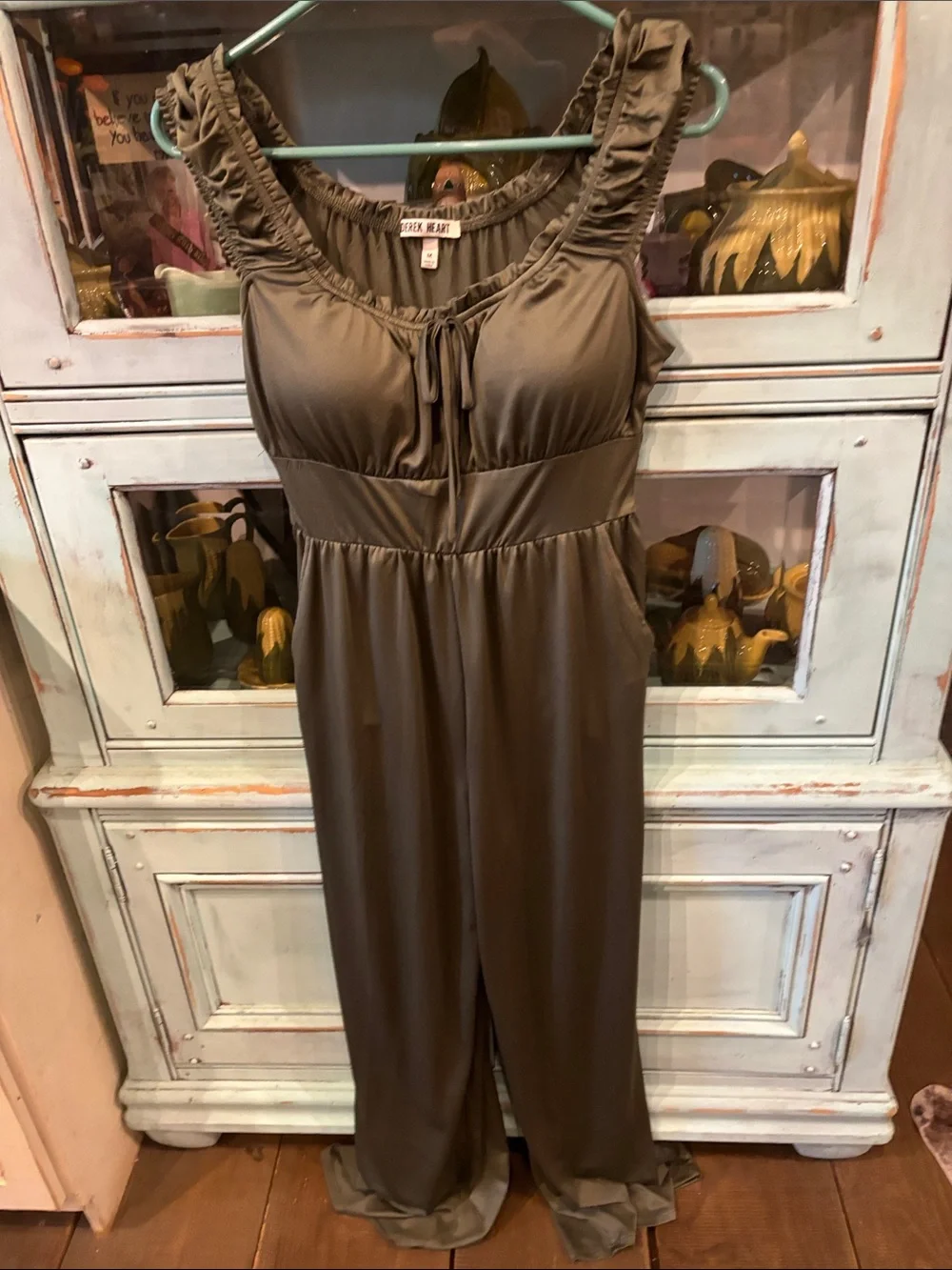 Derek Heart Olive Green Ruffled Strap Jumpsuit/ silk like material- like new